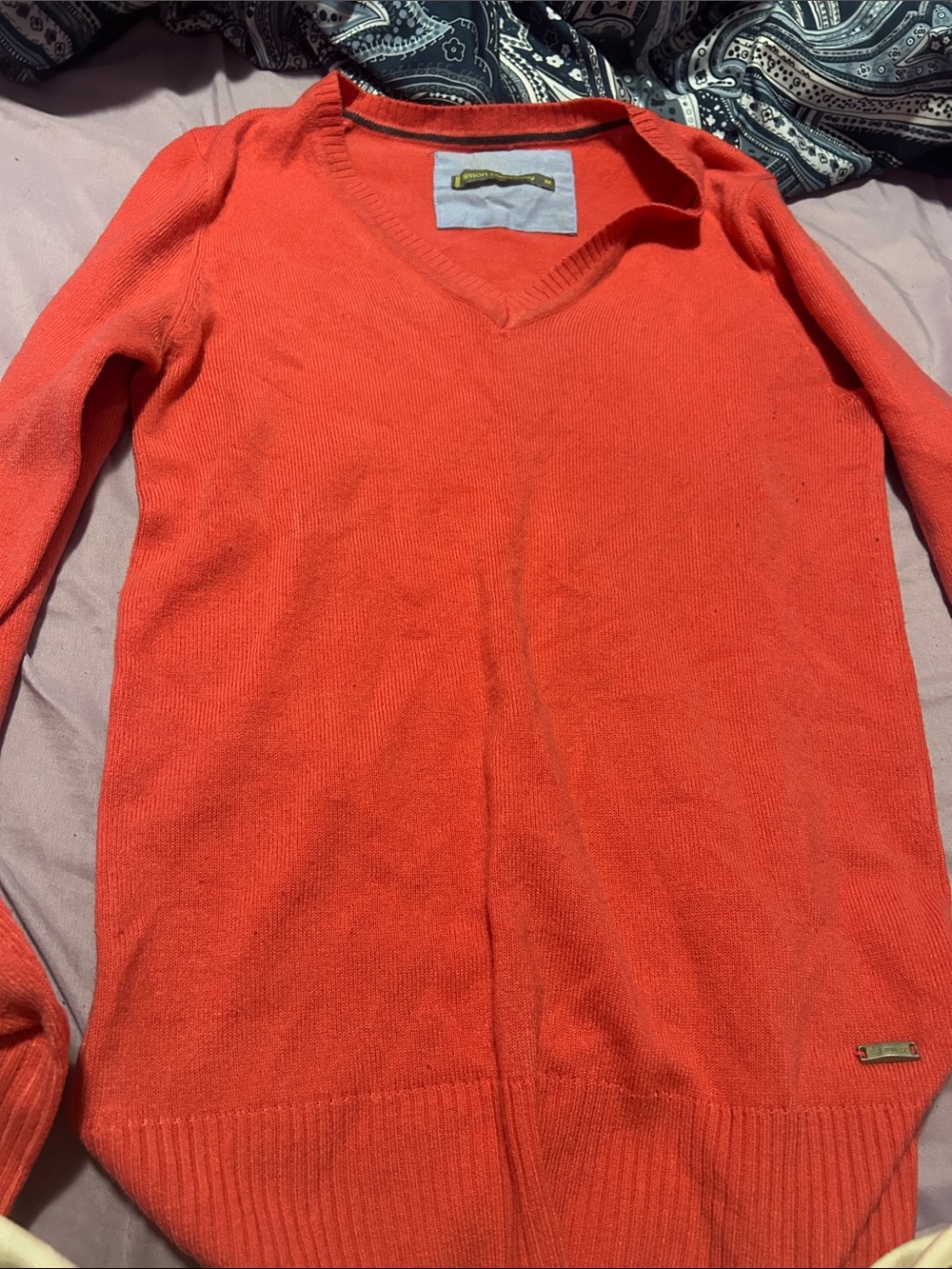 Women's V-Neck Sweater in Coral Orange